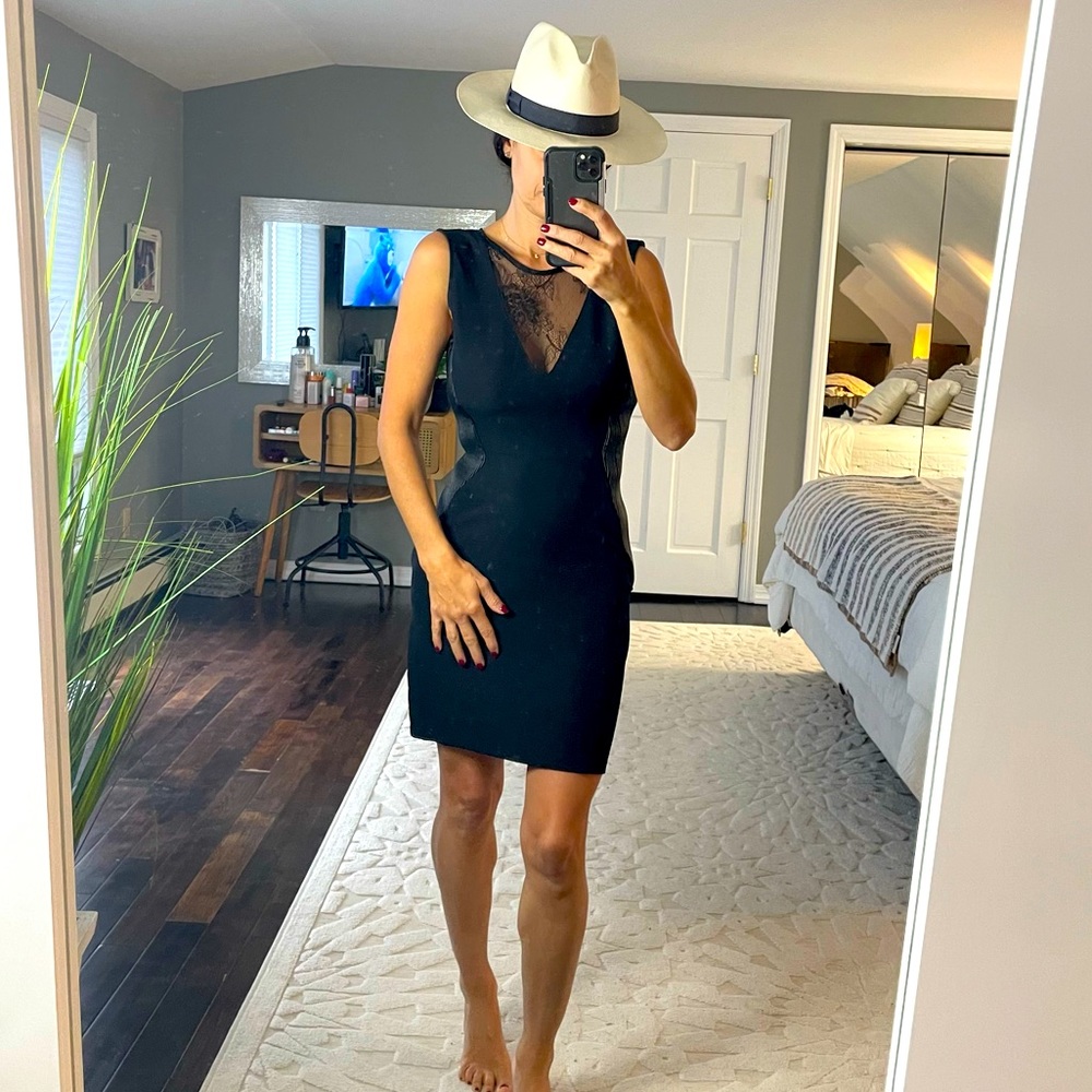 NWT Zara black lace + faux leather side panel sleeveless mini dress size medium